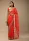 Orange And Fuchsia Dual Toned Saree In Organza With Lehariya Print And Gotta Patti Embroidered Geometric Floral Border
