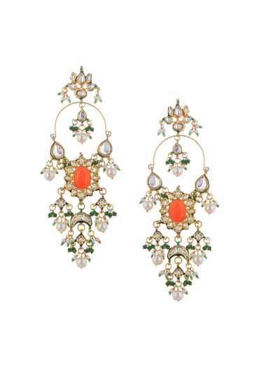 Orange And Gold Danglers With Kundan Work In Mix Metal