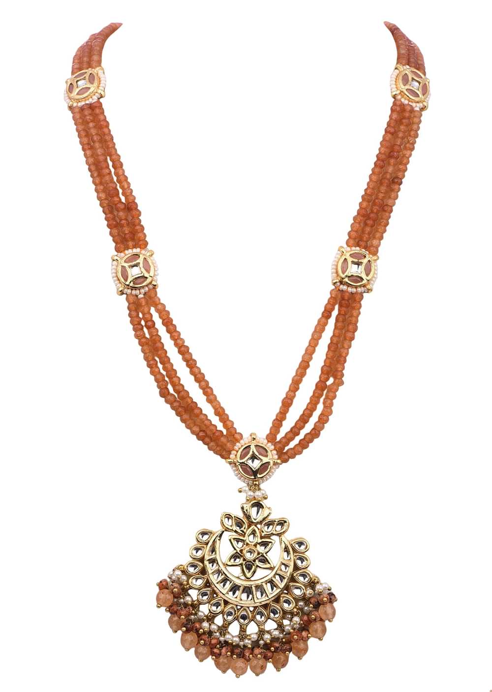 Orange And Gold Kundal Long Necklace Set