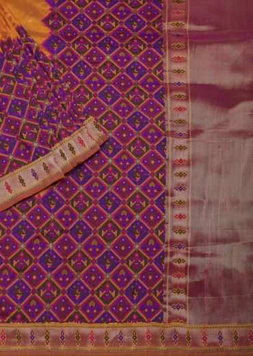 Orange And Pink Banarasi Ikat Patola Weave Saree With Unstitched Blouse Piece