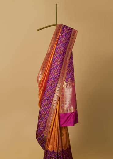Orange And Pink Banarasi Ikat Patola Weave Saree With Unstitched Blouse Piece