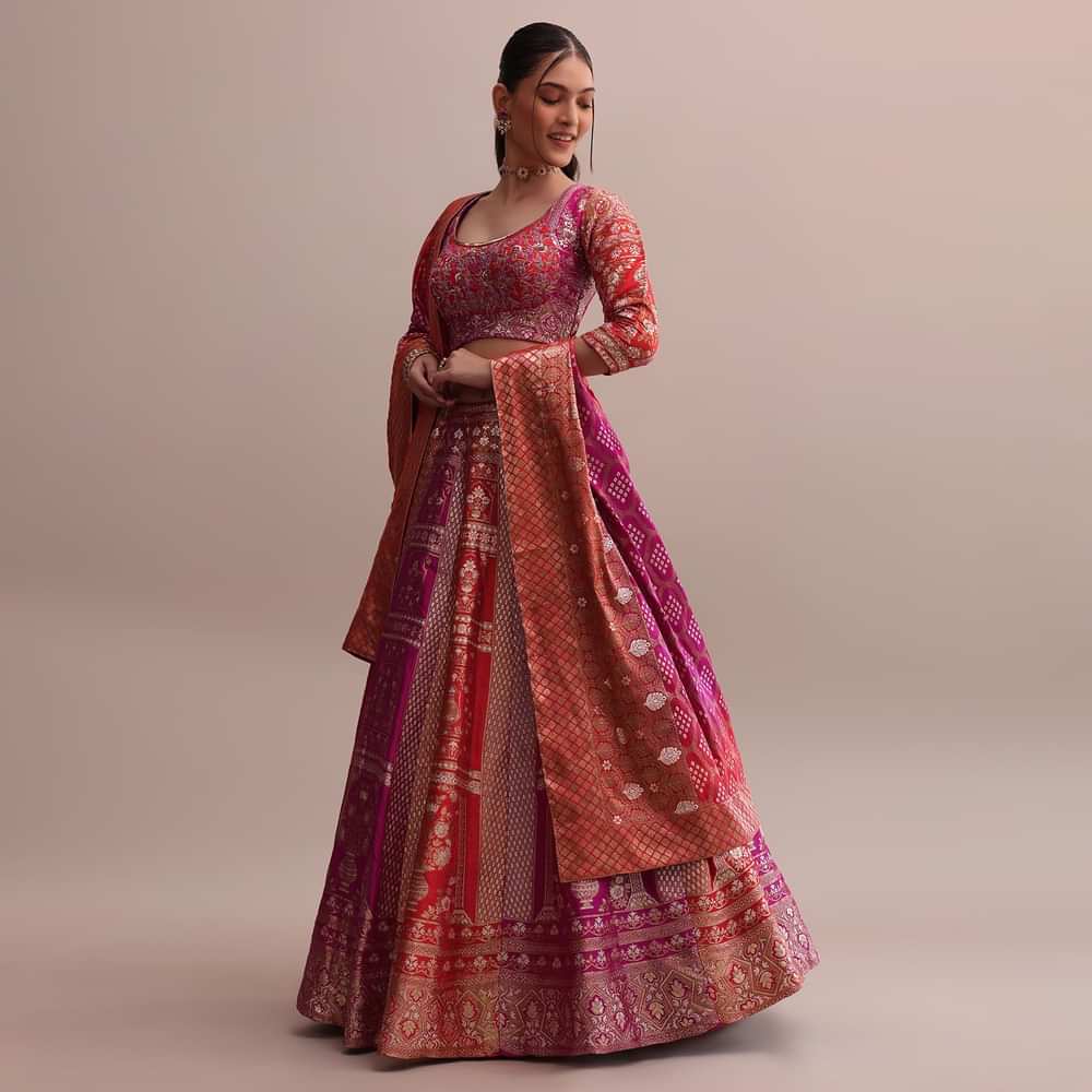Orange And Pink Shaded Banarasi Silk Lehenga Set With Resham Choli And Dupatta