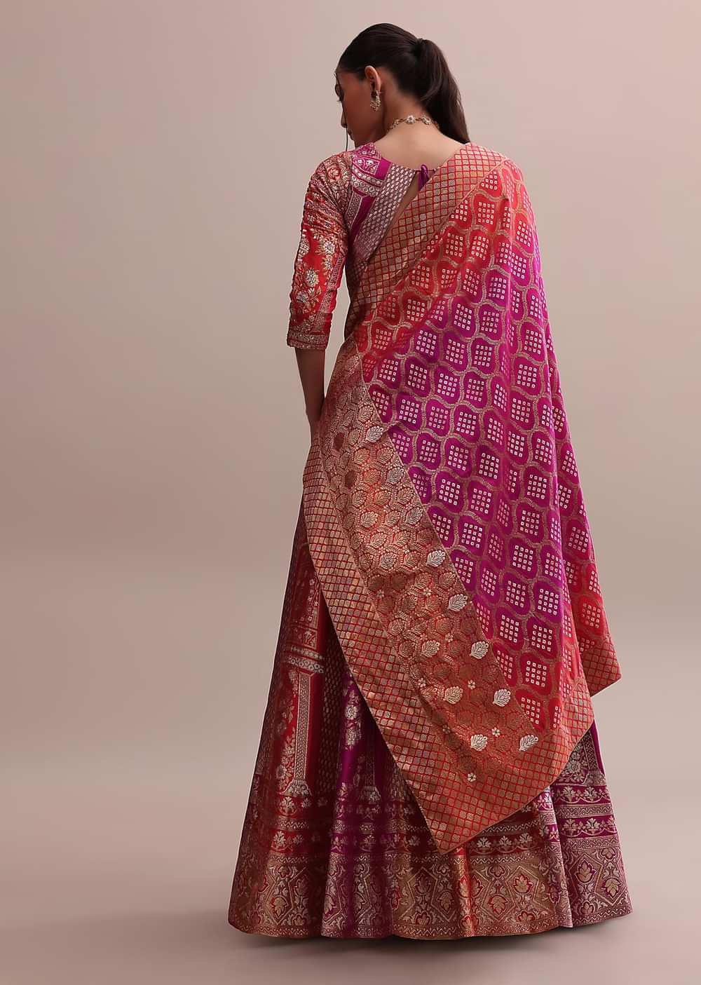 Orange And Pink Shaded Banarasi Silk Lehenga Set With Resham Choli And Dupatta