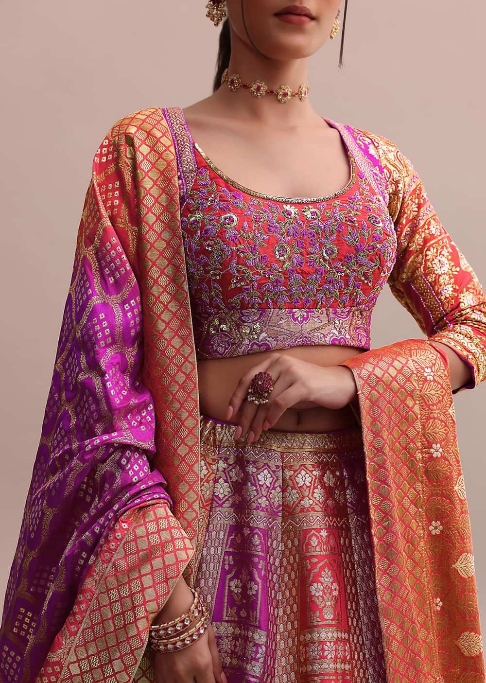 Orange And Pink Shaded Banarasi Silk Lehenga Set With Resham Choli And Dupatta
