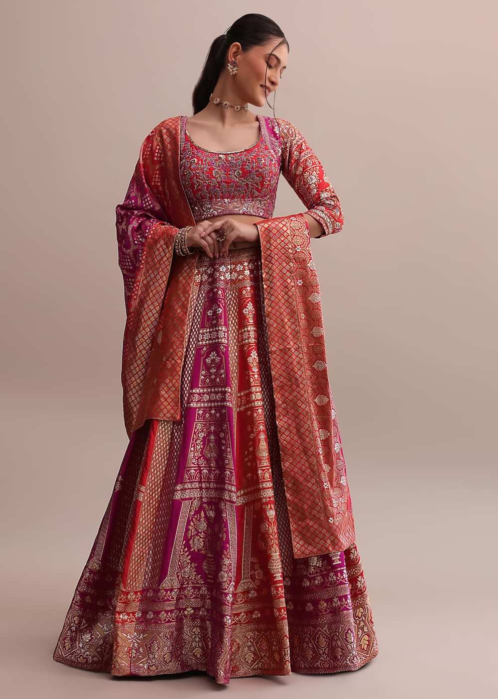 Orange And Pink Shaded Banarasi Silk Lehenga Set With Resham Choli And Dupatta