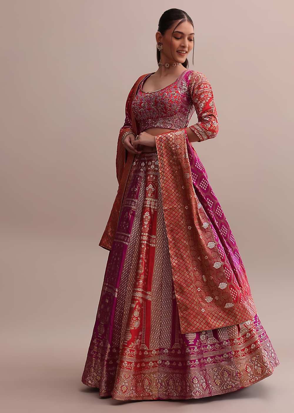 Orange And Pink Shaded Banarasi Silk Lehenga Set With Resham Choli And Dupatta
