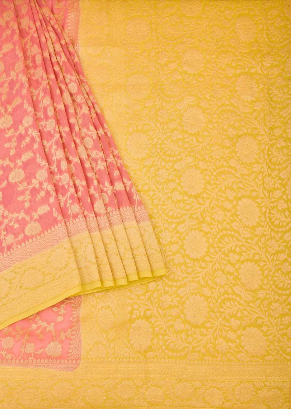 Orange Banarasi Saree With Floral Zari Jaal