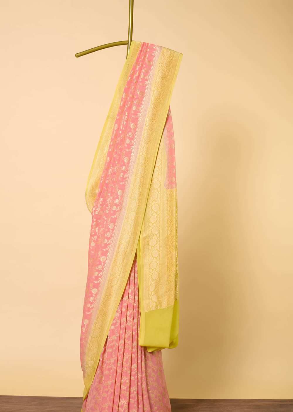 Orange Banarasi Saree With Floral Zari Jaal
