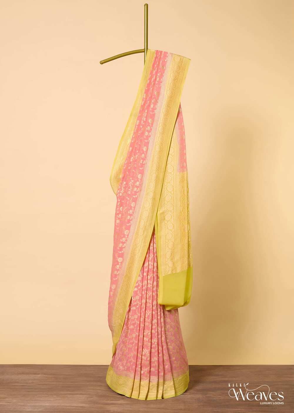 Orange Banarasi Saree With Floral Zari Jaal