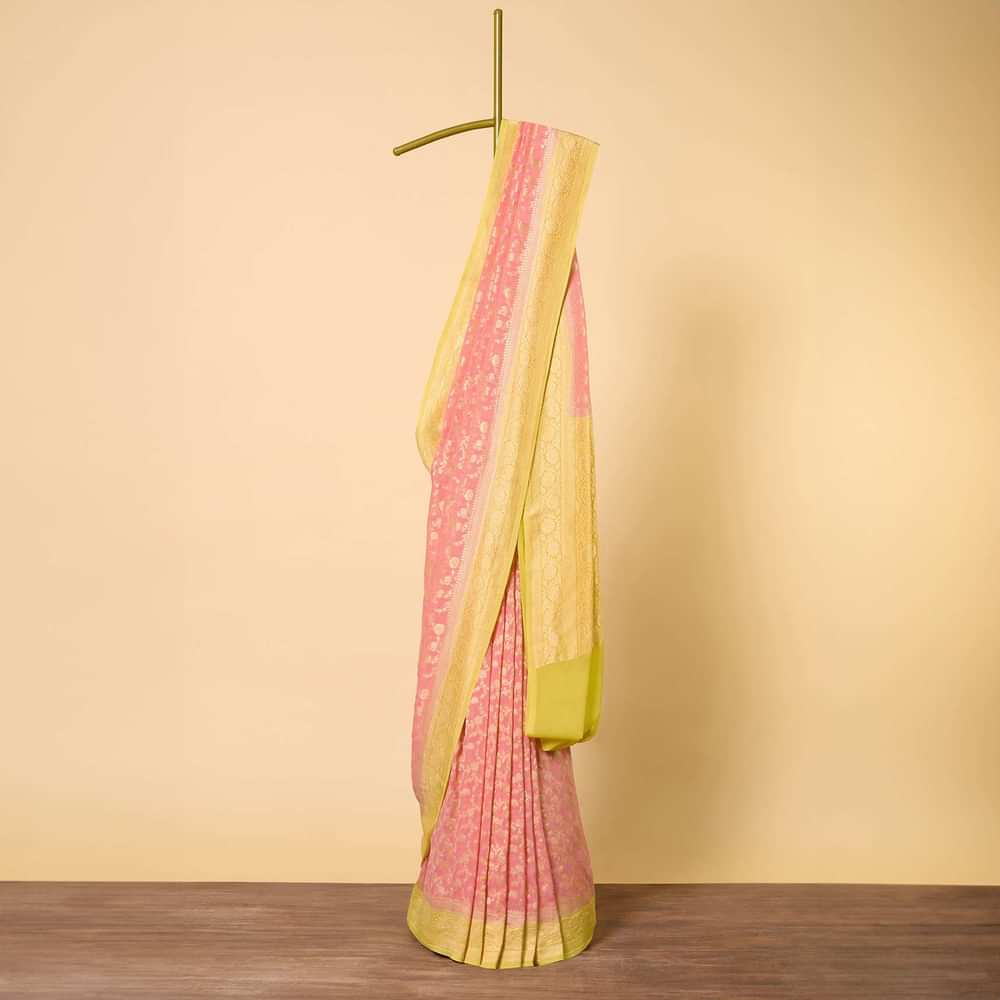 Orange Banarasi Saree With Floral Zari Jaal