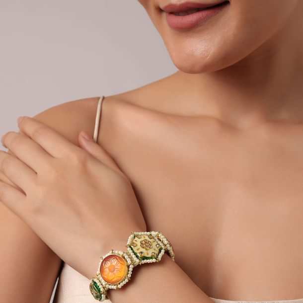 Orange Bracelet With Geometric Motifs And Studded Kundan Polki Orange Bracelet With Geometric Motifs And Studded Kundan Polki