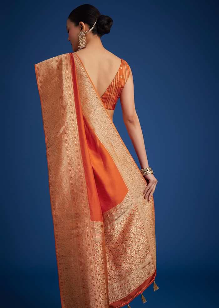 Orange Dola Silk Saree With Zari Border And Pallu