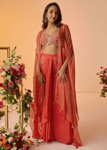Orange Embroidered Croptop With Pleated Skirt And Chanderi Jacket
