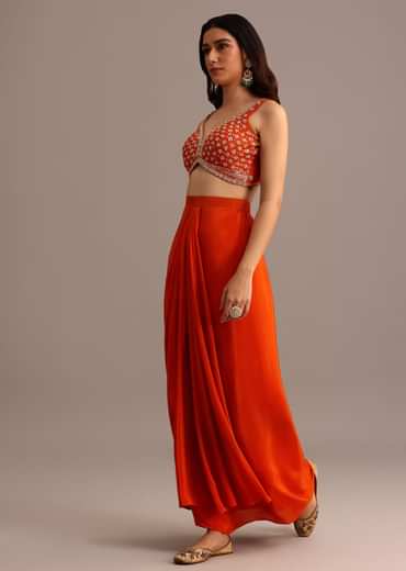 Orange Embroidered Croptop With Pleated Skirt And Chanderi Jacket