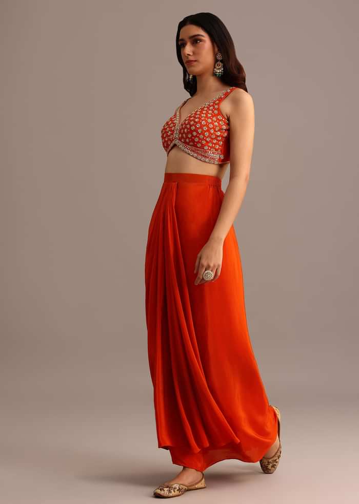Orange Embroidered Croptop With Pleated Skirt And Chanderi Jacket