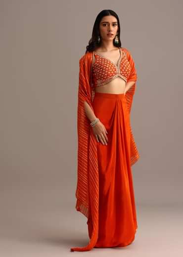 Orange Embroidered Croptop With Pleated Skirt And Chanderi Jacket