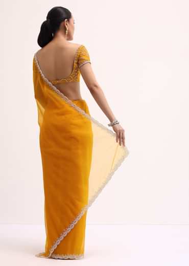 Orange Embroidered Organza Saree With Unstitched Blouse