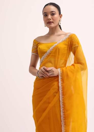 Orange Embroidered Organza Saree With Unstitched Blouse