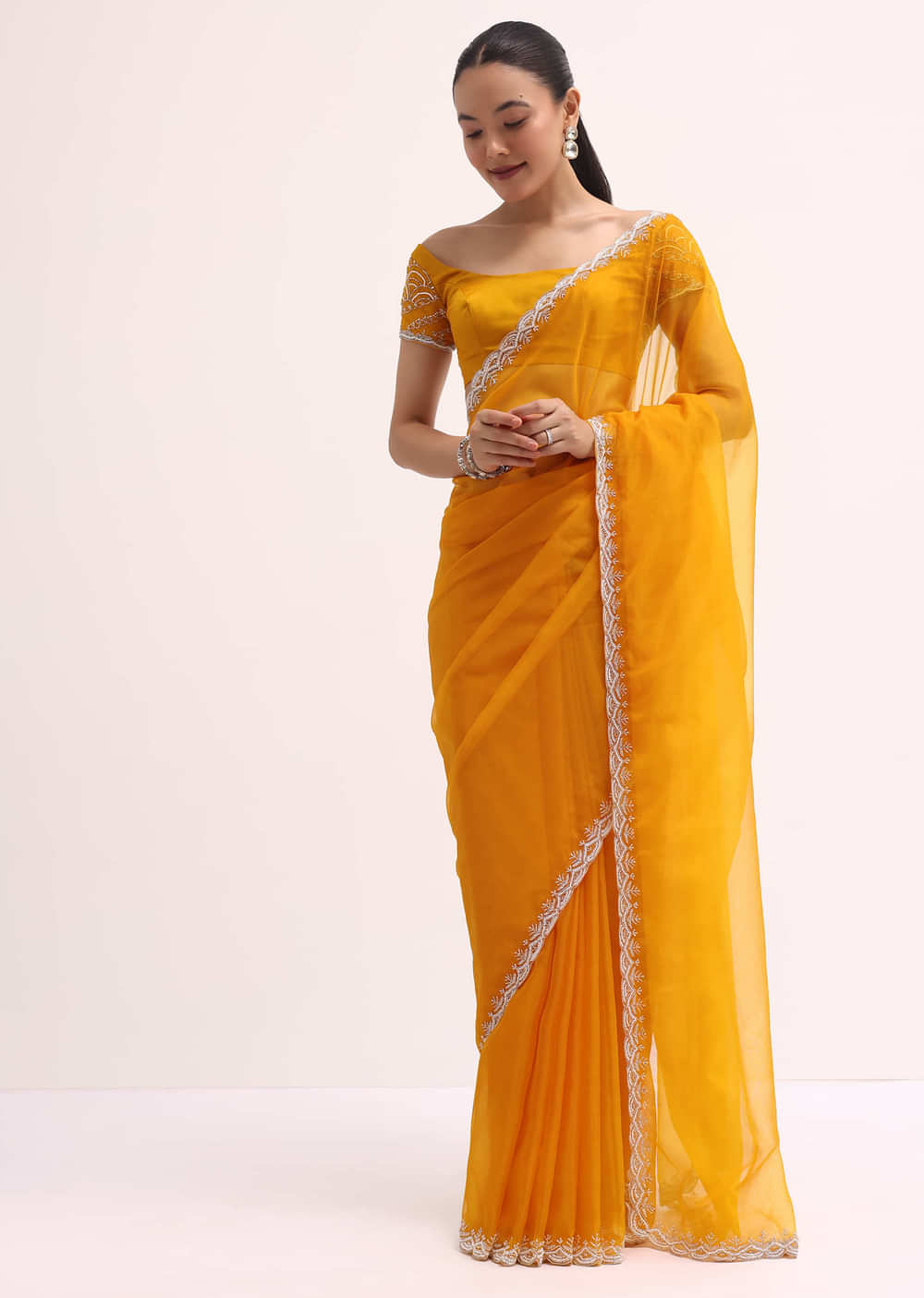 Orange Embroidered Organza Saree With Unstitched Blouse