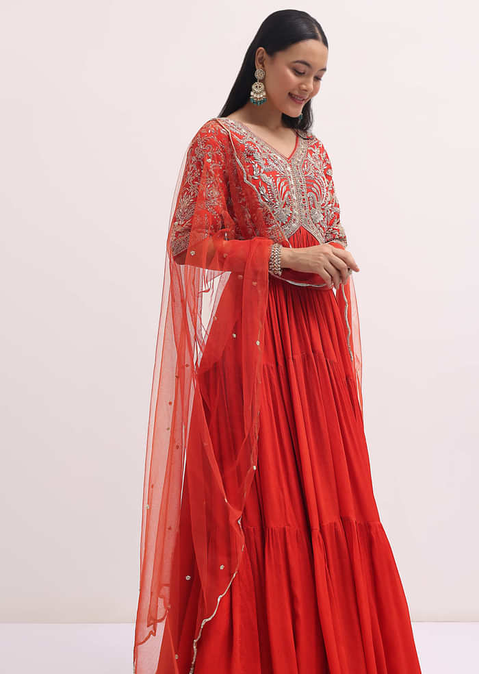 Orange Embroidered Silk Anarkali Suit