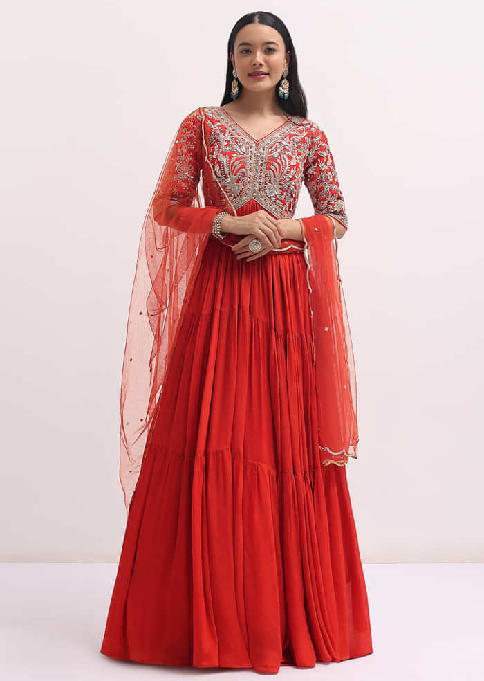 Orange Embroidered Silk Anarkali Suit