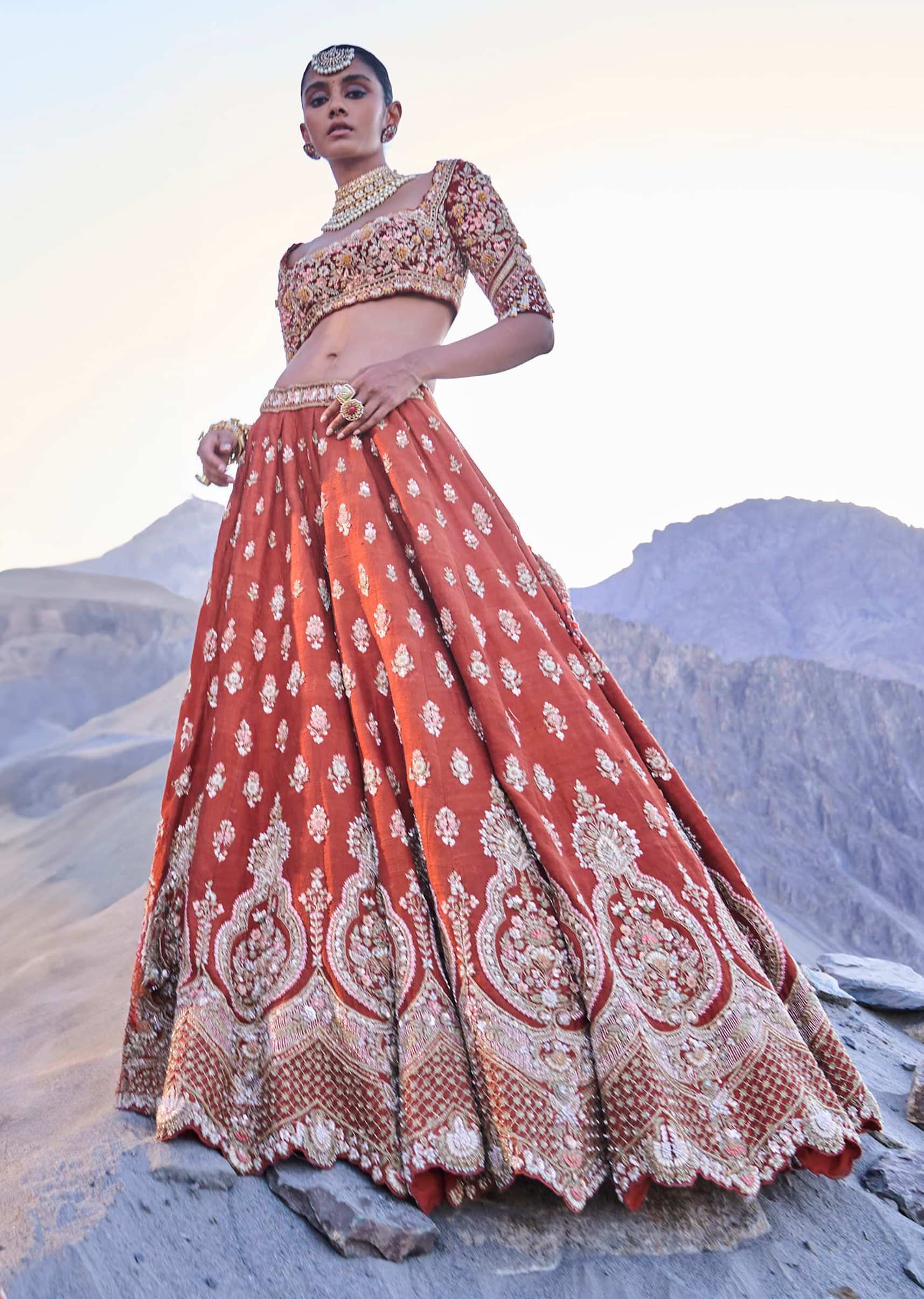Orange Embroidered Silk Lehenga With Two Dupattas