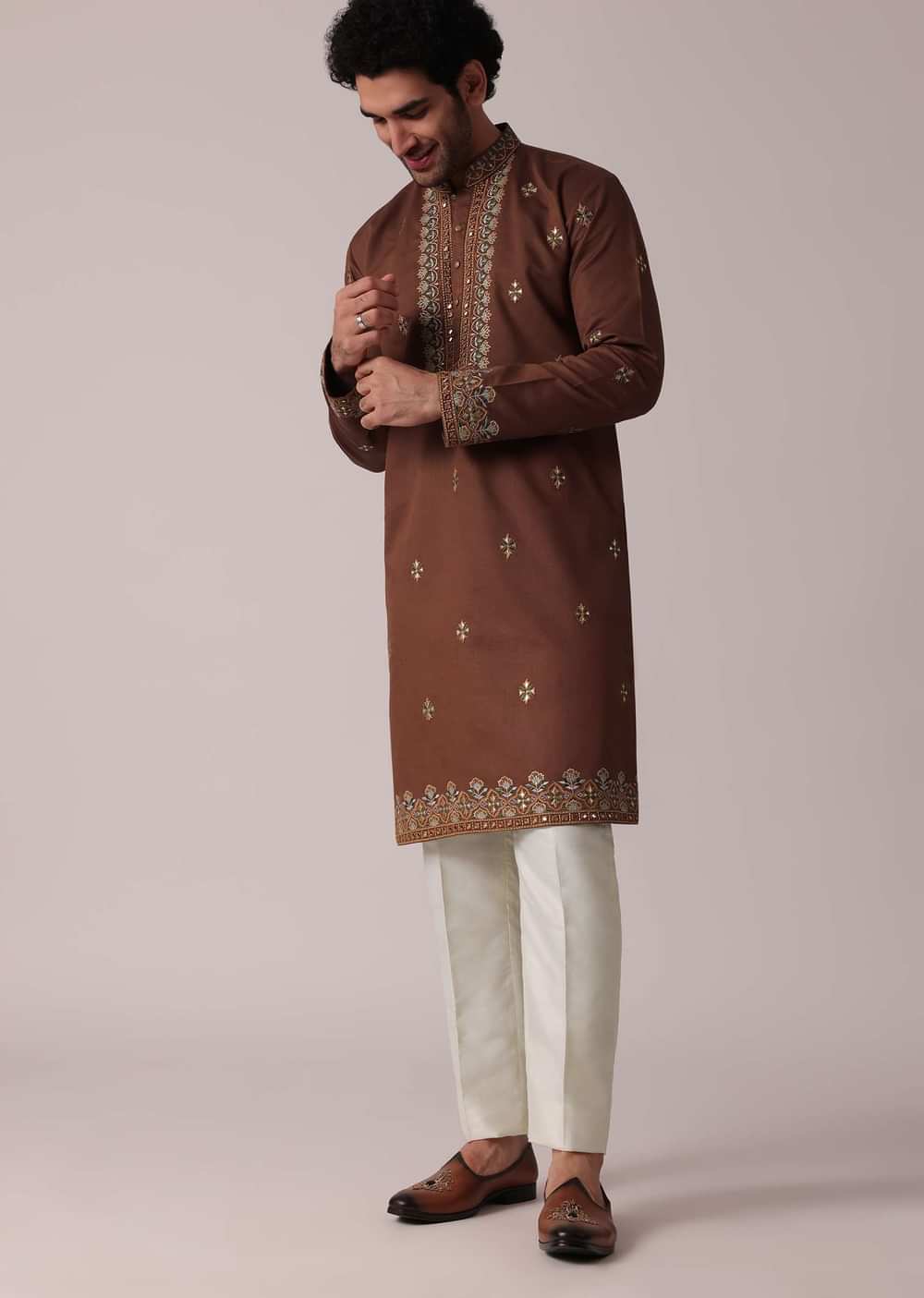 Orange Festive Linen Kurta Set For Men