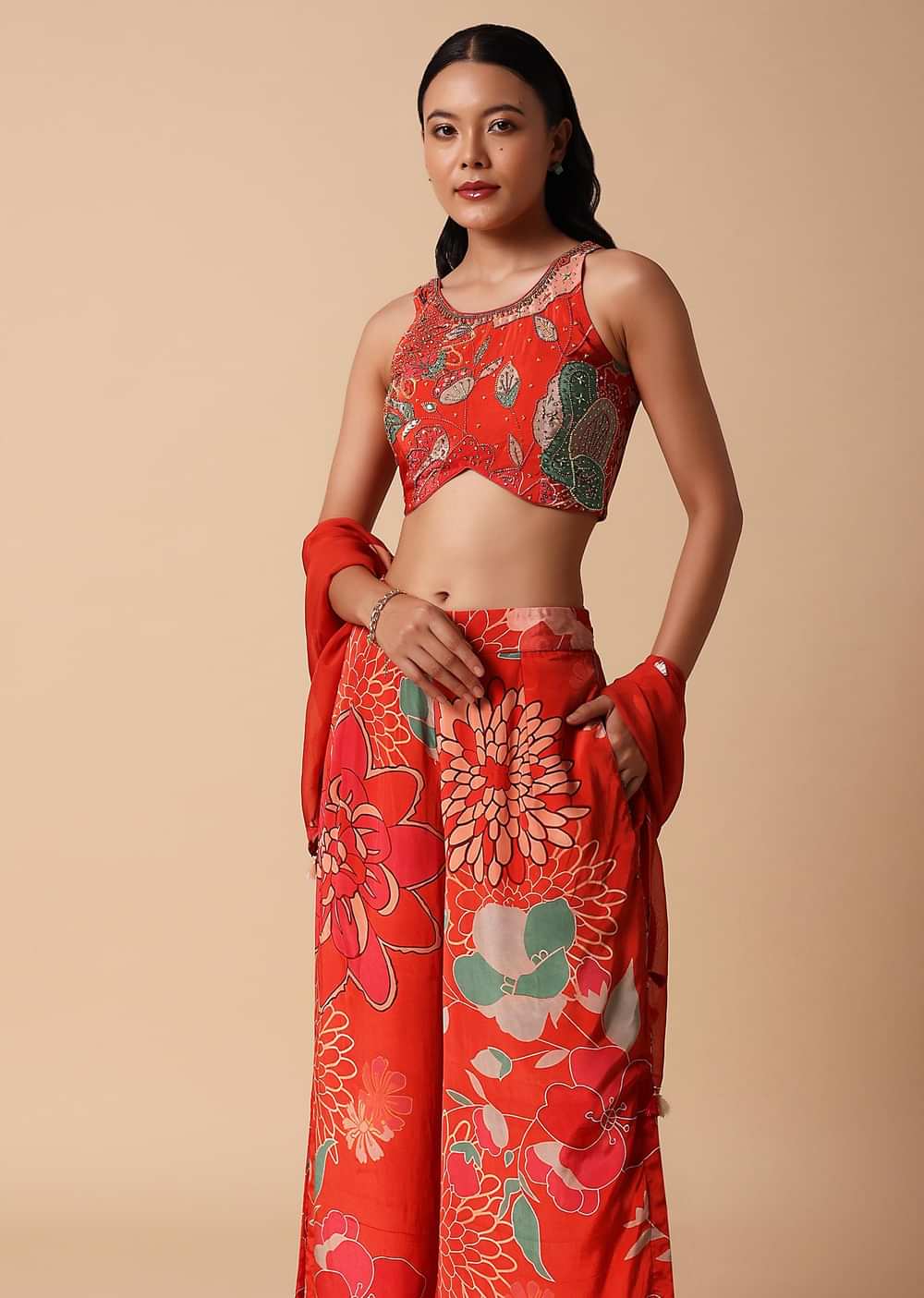 Orange Floral Crop Top And Palazzo Set