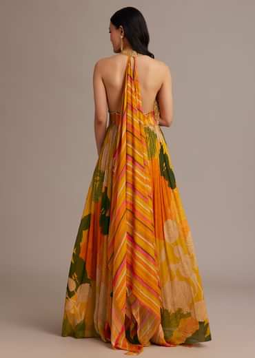 Orange Floral Print Pleated Gown With Cape
