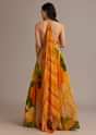 Orange Floral Print Pleated Gown With Cape