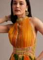 Orange Floral Print Pleated Gown With Cape