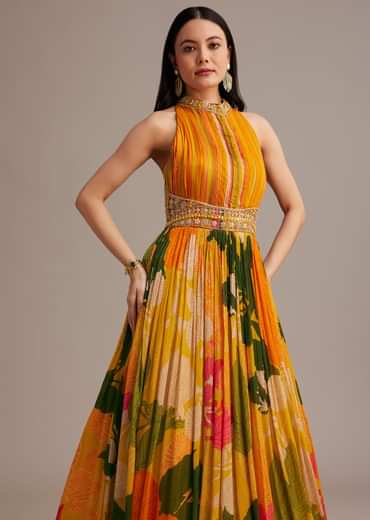 Orange Floral Print Pleated Gown With Cape