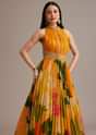 Orange Floral Print Pleated Gown With Cape