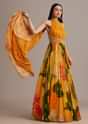 Orange Floral Print Pleated Gown With Cape