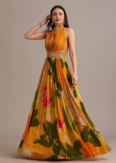 Orange Floral Print Pleated Gown With Cape