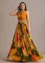 Orange Floral Print Pleated Gown With Cape