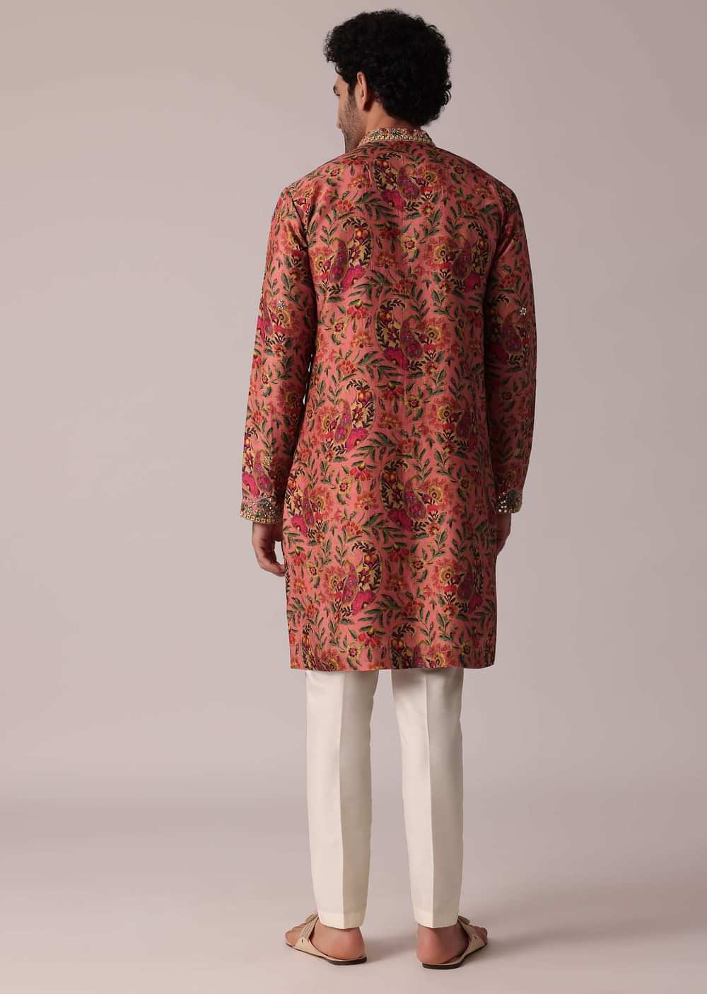 Orange Floral Printed Silk Kurta Set For Men