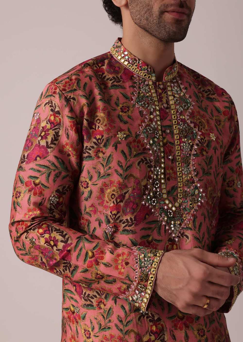 Orange Floral Printed Silk Kurta Set For Men