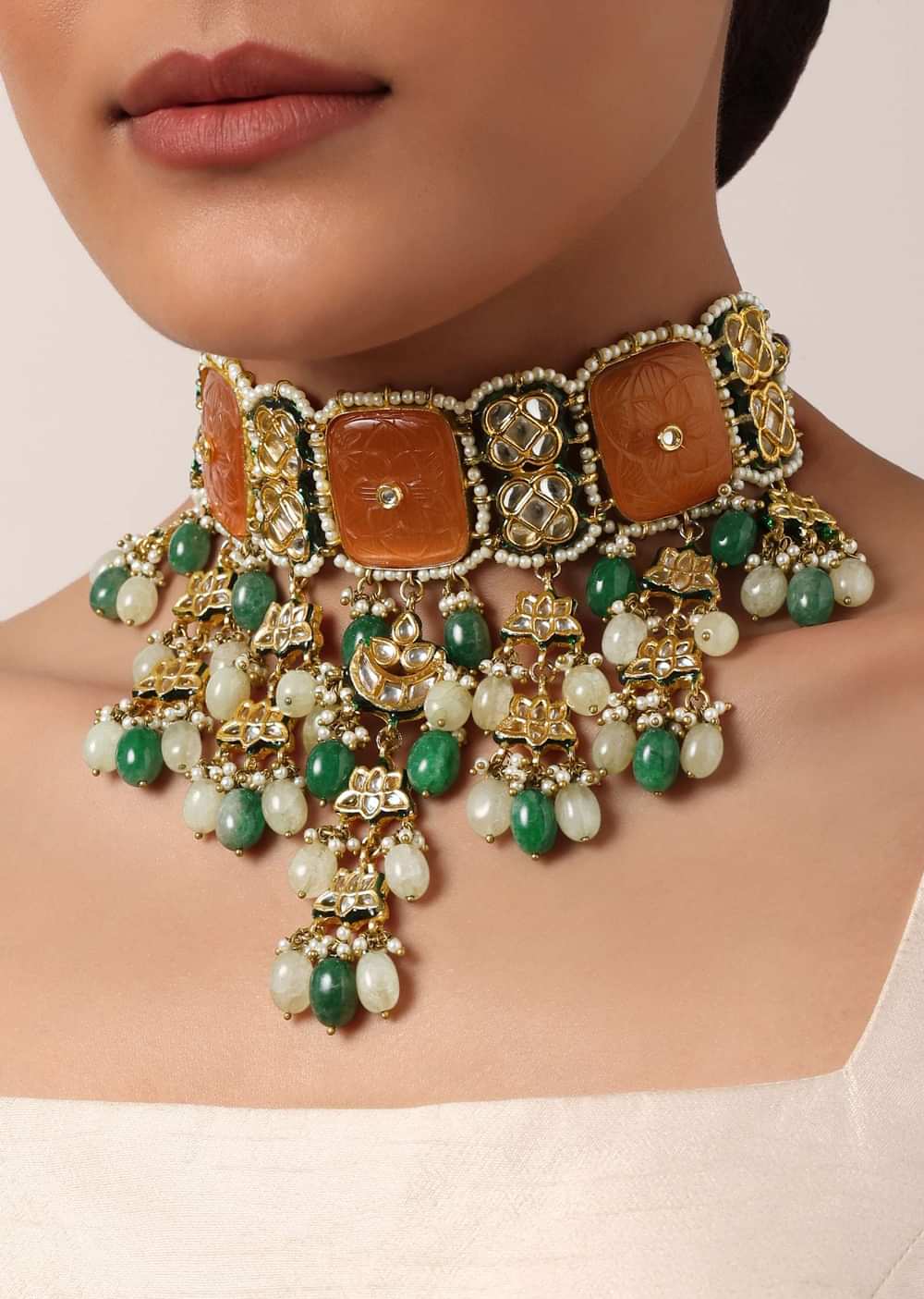 Orange Geometric Kundan Choker Set With Green Bead Drops