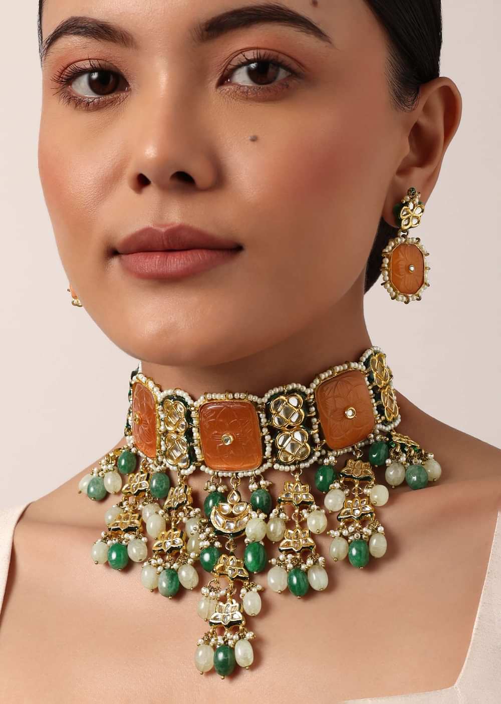 Orange Geometric Kundan Choker Set With Green Bead Drops