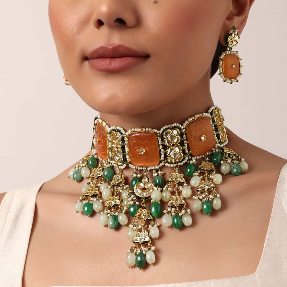 Orange Geometric Kundan Choker Set With Green Bead Drops