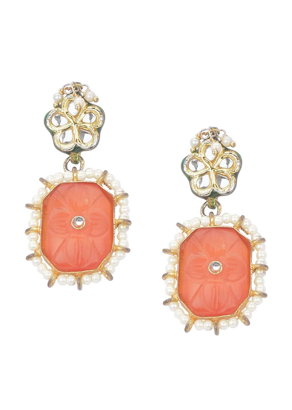Orange Geometric Kundan Choker Set With Green Bead Drops