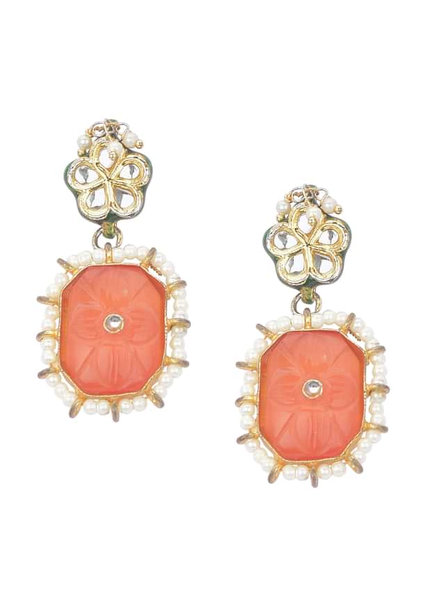 Orange Geometric Kundan Choker Set With Green Bead Drops Orange Geometric Kundan Choker Set With Green Bead Drops