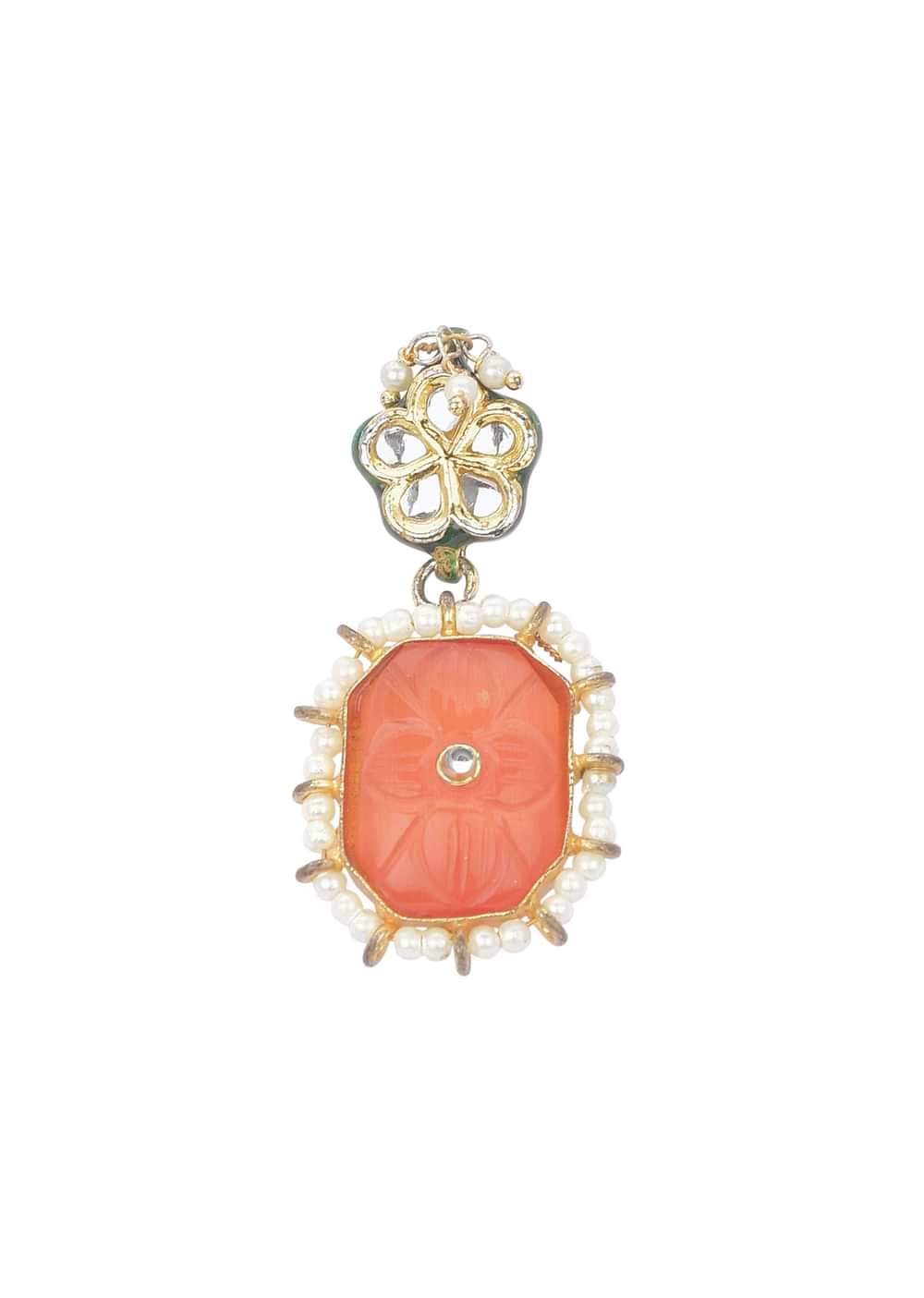 Orange Geometric Kundan Choker Set With Green Bead Drops