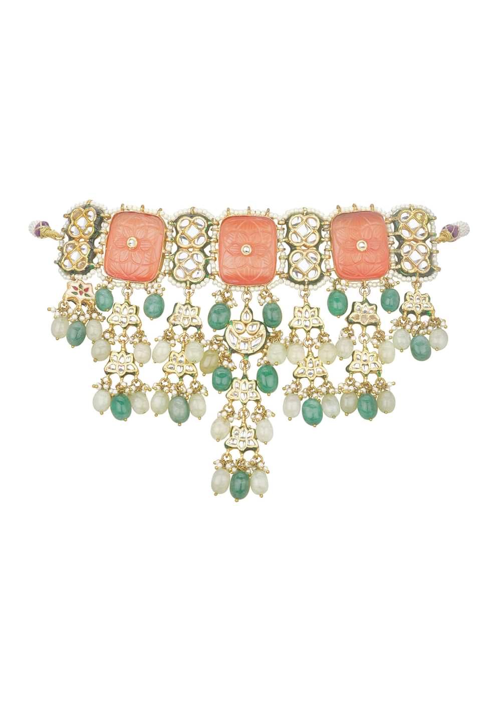 Orange Geometric Kundan Choker Set With Green Bead Drops