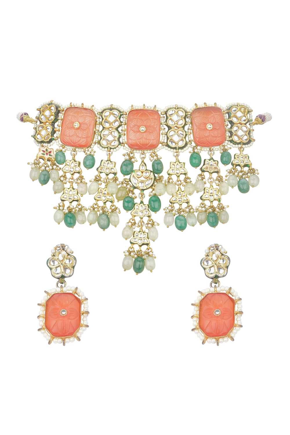 Orange Geometric Kundan Choker Set With Green Bead Drops