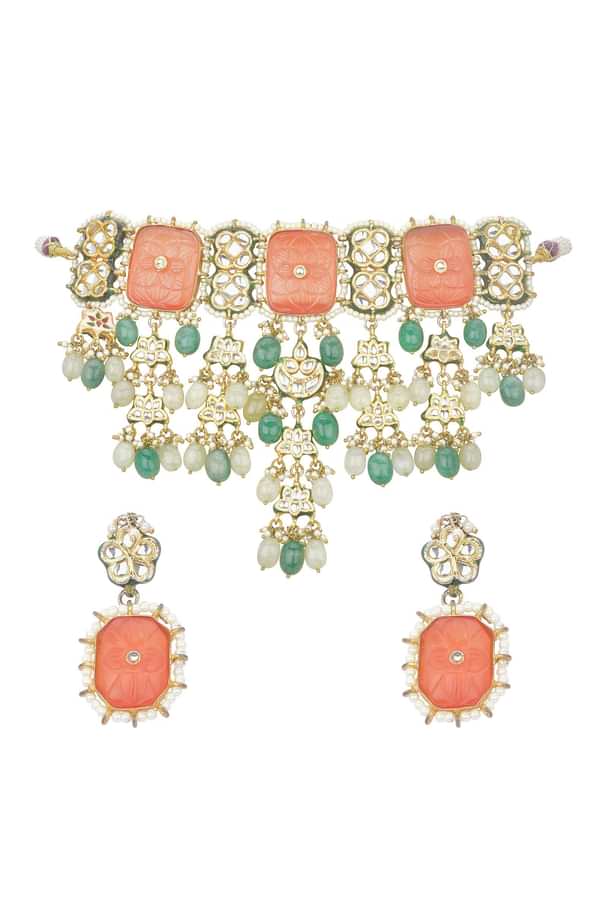 Orange Geometric Kundan Choker Set With Green Bead Drops Orange Geometric Kundan Choker Set With Green Bead Drops