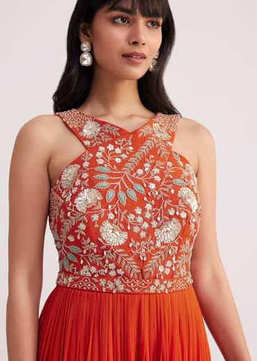 Orange Georgette Embroidered Jumpsuit With Belt