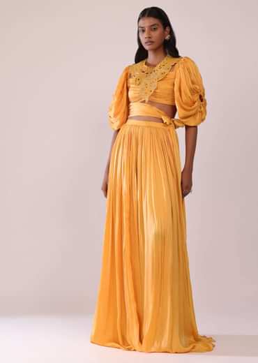 Orange Indo-Western Skirt And Blouse With Balloon Sleeves