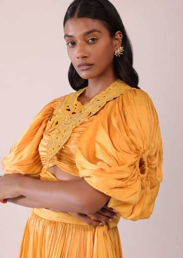 Orange Indo-Western Skirt And Blouse With Balloon Sleeves